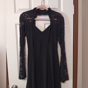 Tripp NYC Black Knit & Lace Dramatic Hi-low Choker Neck Long Sleeve Goth Dress M